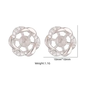 S925 sterling silver flower earring settings with cubic zirconia for pearl mounting