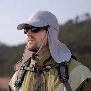 Outdoor sun protection hat with neck flap and chin strap in light grey breathable fabric