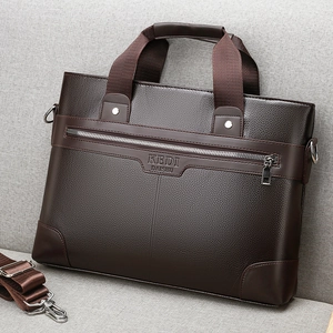 Dark brown pebble leather business briefcase for men featuring silver tone zippers