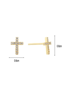 Close-up showing cross earrings dimensions 0.8cm by 0.6cm with sparkling zircon inlays