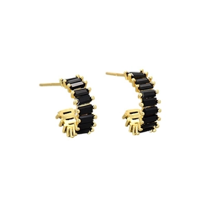 Elegant gold earrings featuring sparkling black rectangular zircon stones on white background