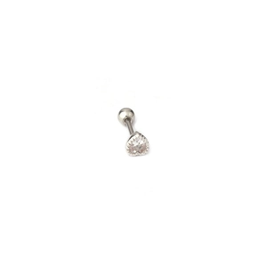 Detail of silver heart stud earring featuring clear cubic zirconia and screw-back ball