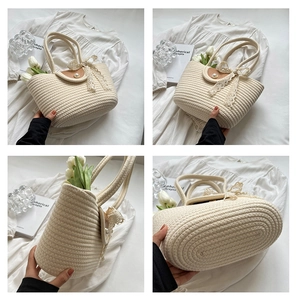 Detail view of beige woven tote bag with lace bow and pearl buckle in four distinct angles