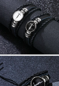 Detailed close-up of multilayer leather bracelets featuring faith text on glass charms