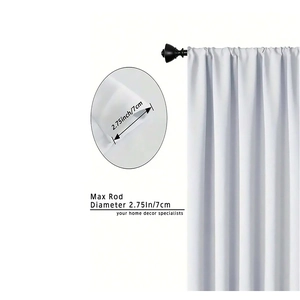 Detail view of white rod pocket curtain showing max rod diameter of 2.75 inches
