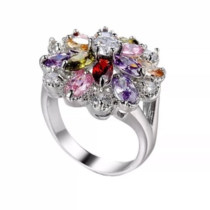 Elegant silver flower cluster ring featuring vibrant multicolored marquise-cut zircons