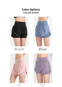 Detail of high waisted double layer sports shorts in black blue pink and purple grey