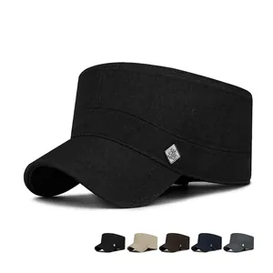 Men Cadet Cap Flat Top Hat Military Style Cotton Polyester Adjustable Sun Protection Outdoor Casual With Metal Badge