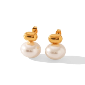 French vintage gold earrings with polished metal spheres and large white pearls