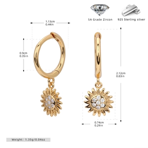 Detailed dimension guide for gold sunflower earrings with 5A grade zircon and 925 silver