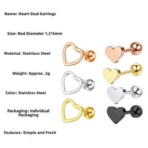 Detail of heart stud earrings with 1.2mm rod diameter and 6mm length in four colors
