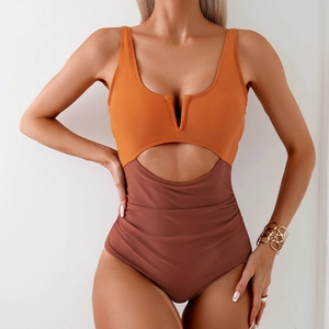 Women's quick-dry one-piece swimsuit with orange and brown color block and V-cutout design