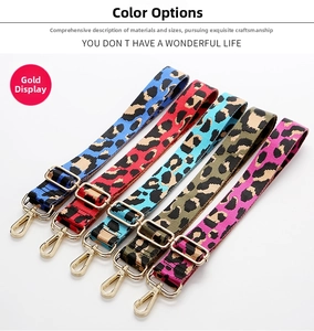 Adjustable leopard print webbing straps in five colors with golden metal hardware detail