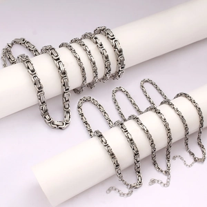 Silver Byzantine chain necklace and bracelet jewelry set for men and women