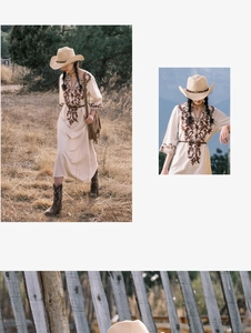 Detail of bohemian embroidery on v-neck dress paired with a retro western cowboy hat