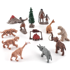 Realistic Prehistoric Human And Animal Model Toy Educational PVC Ancient Creatures Mammoth Smilodon Caveman Volcano Figures