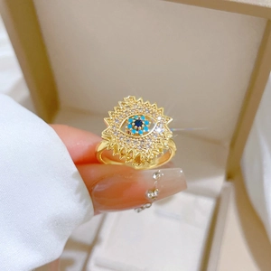 Evil Eye Sunburst Rotating Ring Brass Gold Plated Cubic Zirconia Adjustable Open Jewelry Boho Ethnic Women
