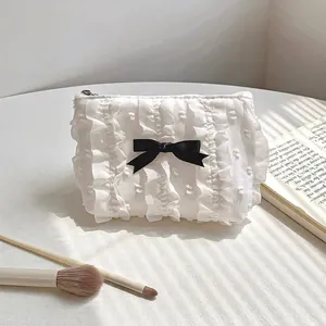 Borsa Per Trucco Carina Con Fiocco E Pizzo Poliestere Pieghettato Con Volant Pochette Cosmetica Donne Borsellino Quotidiano