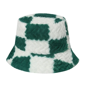 Winter plush checkerboard bucket hat in green and white fleece for women