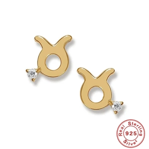 S925 sterling silver Taurus zodiac stud earrings in gold with white round zircon stone