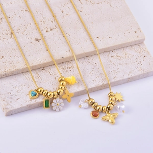 Stainless Steel Gold Plated Snake Chain Necklace With Bee Flower Heart Pendants Imitation Artificial Pearl Turquoise Women Fashion