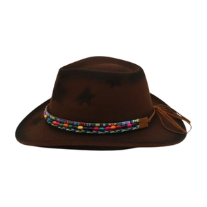 Detail of western brown wool fedora featuring colorful ethnic beaded band and tassels