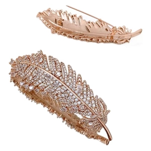 Elegant rose gold feather brooch with shimmering cubic zirconia for women jackets