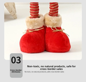 Detail of Christmas doll showing red felt boots and gold striped telescopic legs
