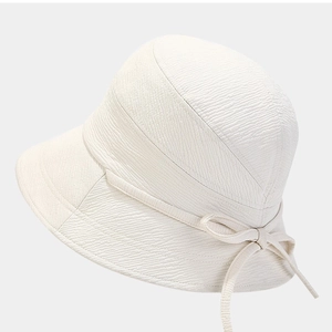 Japanese style white bow bucket hat for women, foldable sun protection beach sunhat