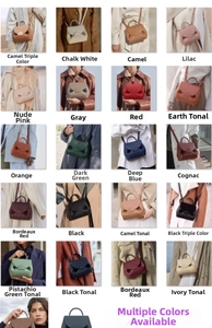 Detailed grid showing luxury leather handbags in twenty various colors and finishes