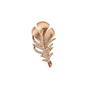 Exquisite 18k gold plated feather brooch with zircon accents and brushed metal texture