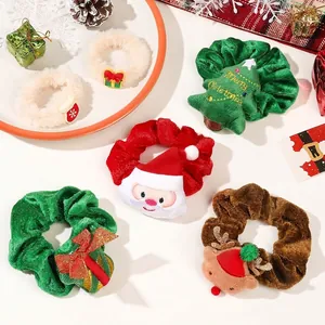 Plush Christmas scrunchies set with Santa, reindeer and tree designs in velvet fabric