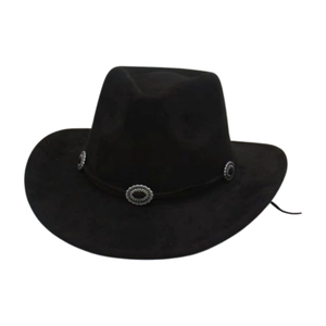 Classic black faux suede fedora hat with silver metal conchos and cattleman crease design