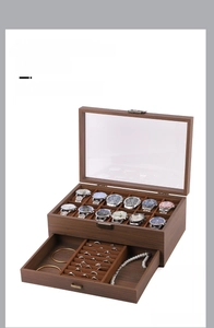 Close-up of dual-layer watch jewelry box with glass window and pull-out drawer