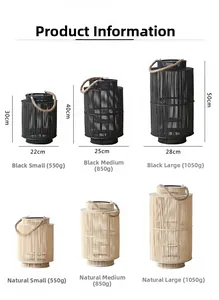 Detailed comparison of woven lanterns in various sizes and colors with rope handles