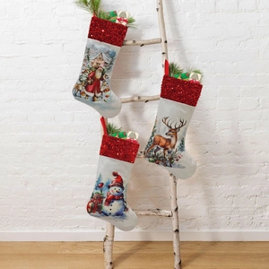 Detailed view of 3 Christmas stockings with Santa and snowman on a wooden ladder