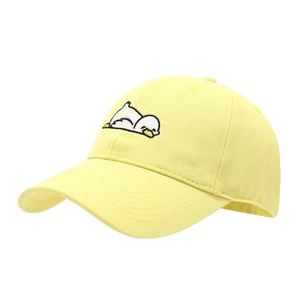 Cute yellow cotton baseball cap with cartoon duck embroidery and curved brim for women