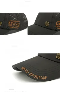 Detail of dark grey baseball cap with side mesh vents and precise brand embroidery