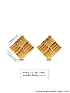 Detailed view of square gold stainless steel earrings with textured weave pattern and size