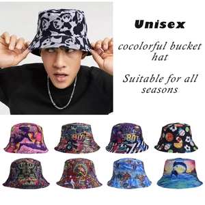 Unisex Reversible Bucket Hat Cotton Polyester Printed Graffiti Panda Dolphin Sun Protection Outdoor Summer Fisherman Cap Fashion