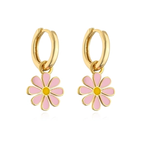 Detail of gold hoop earrings with pink enamel daisy pendants and yellow centers