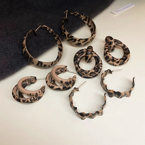 Detailed view of five-piece leopard print earring set featuring various geometric hoops and studs