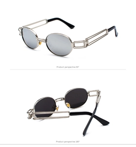 Steampunk sunglasses detail showing silver hollowed temples and 90 degree perspective