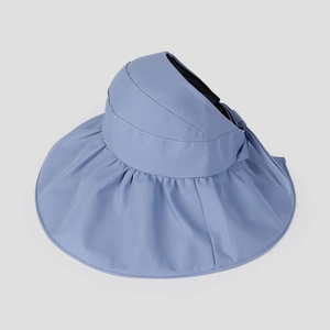 Detail of light blue wide brim sun hat with ruffled edges and breathable open top design