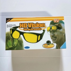 Retail packaging of HD vision night driving glasses with yellow lenses and UV protection