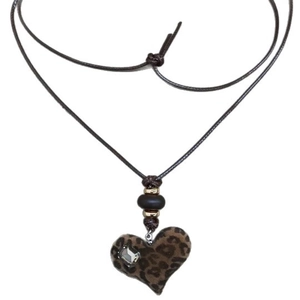 Brown leopard print heart pendant necklace with crystal on a wax cord sweater chain