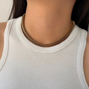 Gold woven mesh choker necklace in polished stainless steel for a chunky hip hop style