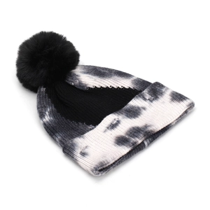 Women Winter Beanie Hat Acrylic Knit Tie Dye Faux Fur Pom Pom Ribbed Folded Cuff Warm Trendy Soft Outdoor Headwear