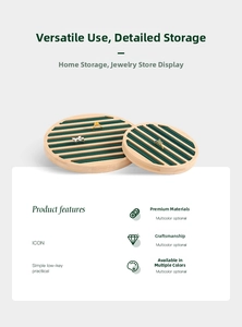 Bamboo round ring display trays with green velvet slots for jewelry storage