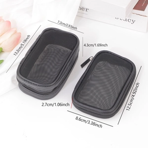 Mesh travel organizer bags in black with zipper closure and dimensions for storage